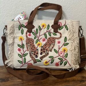 America & Beyond Beaded Leopard Tote Bag with Brown Straps